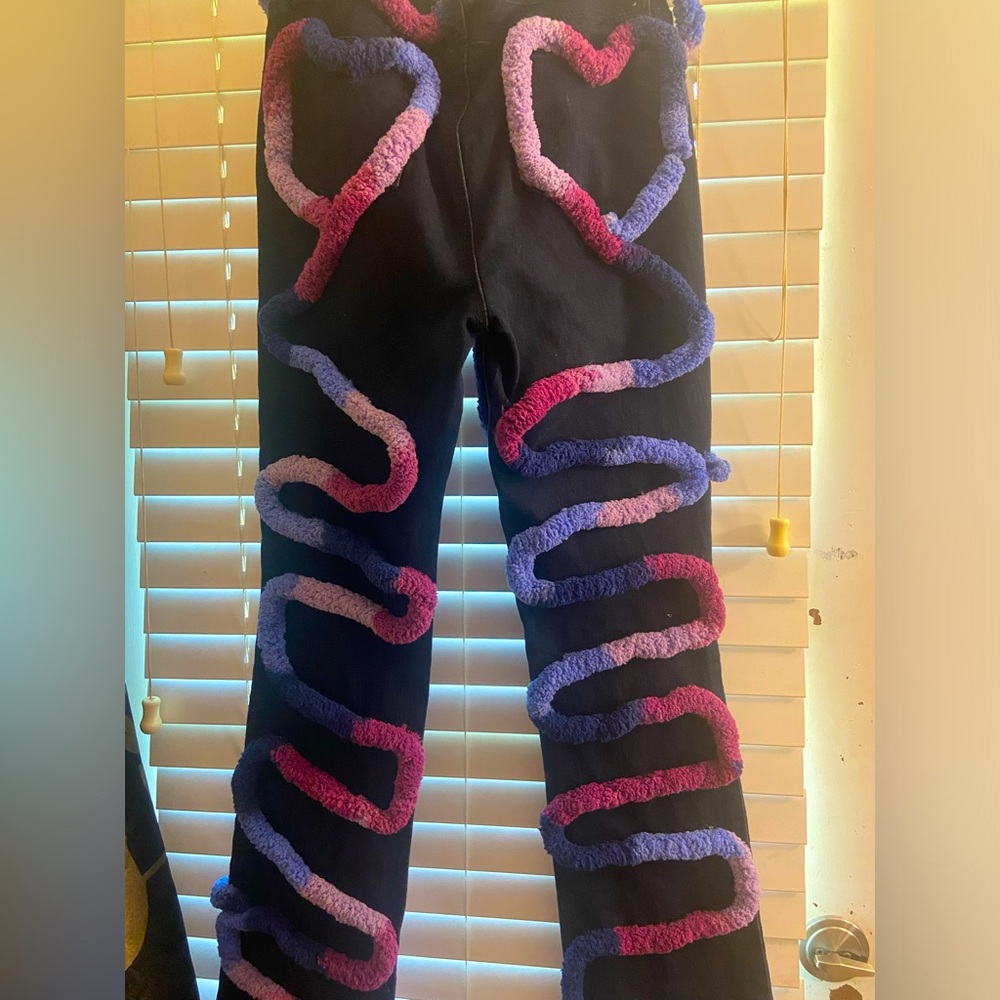 Custom set crop hoodie and boot cut low waist jeans with yarn designs